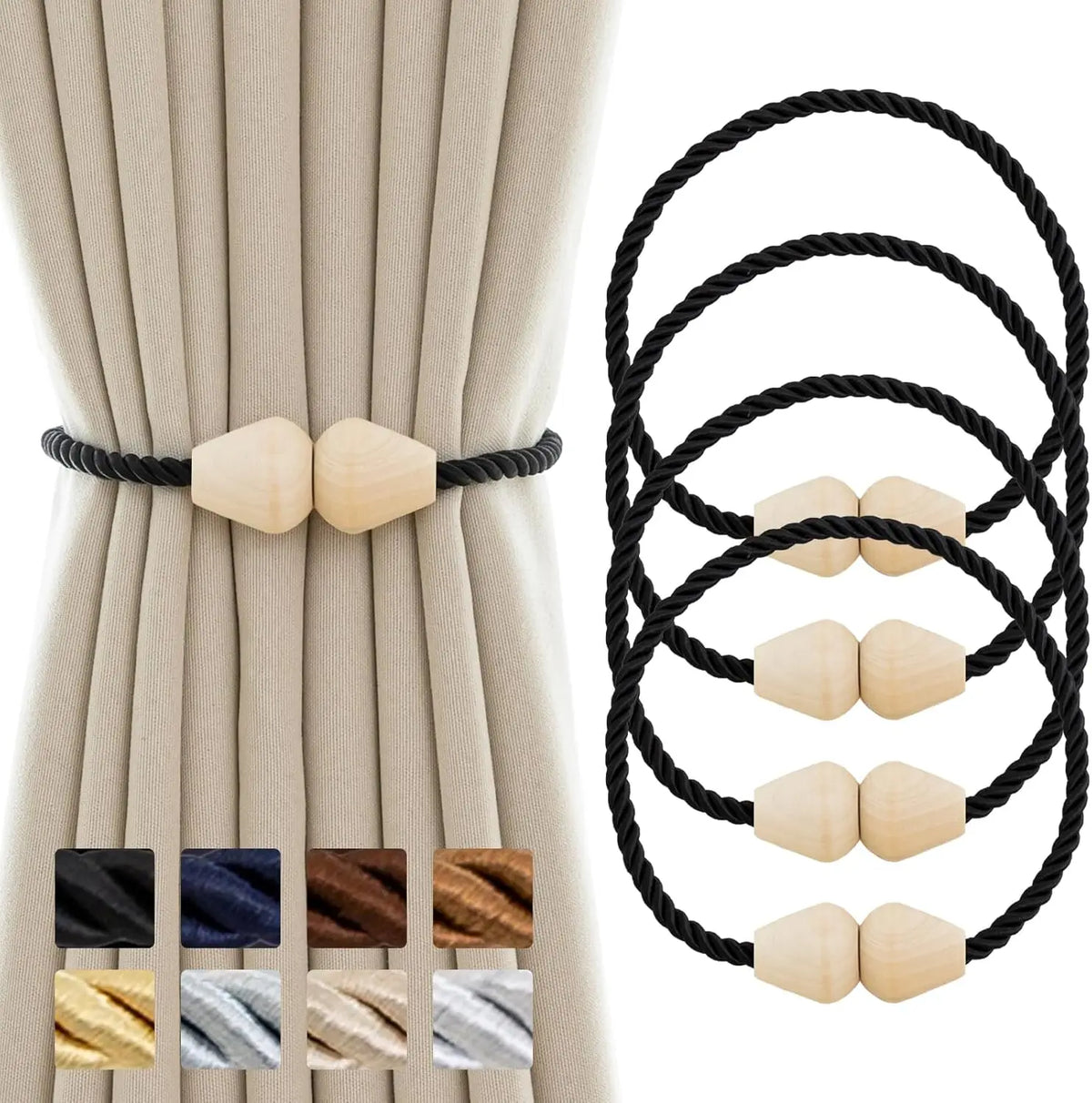 Attaches de rideau magnétiques à perles de bois, cordon torsadé, 1, 2 ou 4 pièces — Gris - 4 pièces