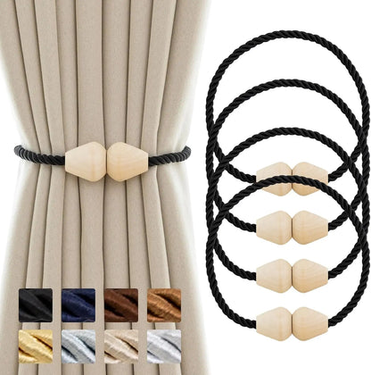Attaches de rideau magnétiques à perles de bois, cordon torsadé, 1, 2 ou 4 pièces — Gris - 4 pièces