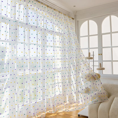 Voilage blanc à pompons colorés, 1 panneau 132 x 274 cm, embrasse offerte