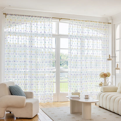 Voilage blanc à pompons colorés, 1 panneau 132 x 274 cm, embrasse offerte