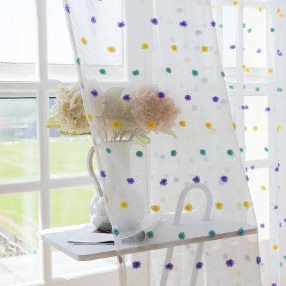 Voilage blanc à pompons colorés, 1 panneau 132 x 274 cm, embrasse offerte