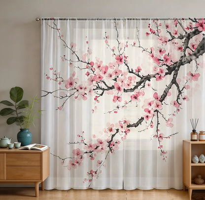 Voilage imprimé fleurs de prunier, lot de 2 panneaux, style chinois — 2 panneaux 132 x 241 cm