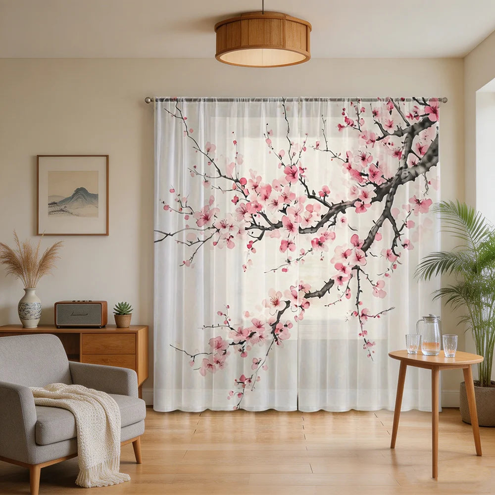 Voilage imprimé fleurs de prunier, lot de 2 panneaux, style chinois