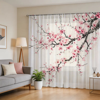 Voilage imprimé fleurs de prunier, lot de 2 panneaux, style chinois