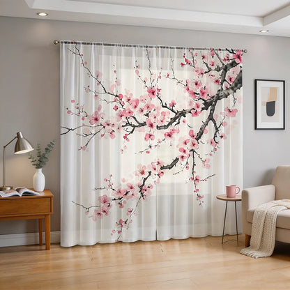 Voilage imprimé fleurs de prunier, lot de 2 panneaux, style chinois