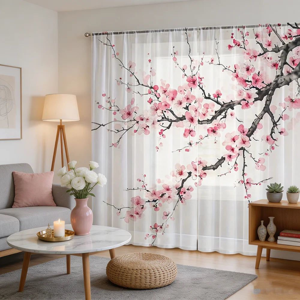 Voilage imprimé fleurs de prunier, lot de 2 panneaux, style chinois