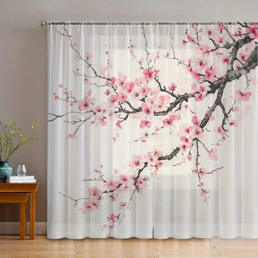 Voilage imprimé fleurs de prunier, lot de 2 panneaux, style chinois