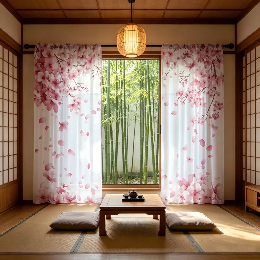 Voilage imprimé pétales de cerisier rose, lot de 2 panneaux, style japonais — 2 panneaux 132 x 241 cm