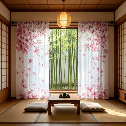 Voilage imprimé pétales de cerisier rose, lot de 2 panneaux, style japonais — 2 panneaux 132 x 241 cm