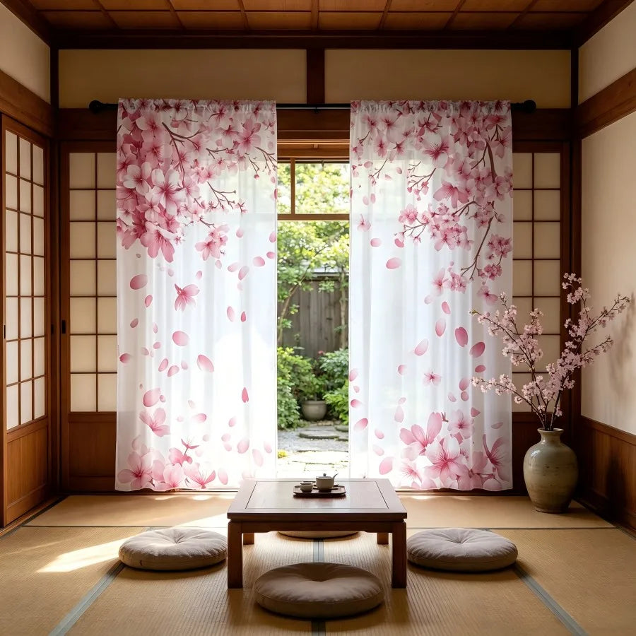 Voilage imprimé pétales de cerisier rose, lot de 2 panneaux, style japonais