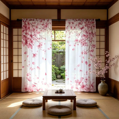 Voilage imprimé pétales de cerisier rose, lot de 2 panneaux, style japonais