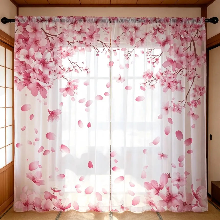 Voilage imprimé pétales de cerisier rose, lot de 2 panneaux, style japonais