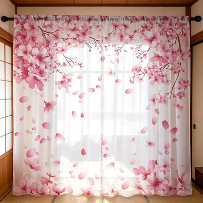 Voilage imprimé pétales de cerisier rose, lot de 2 panneaux, style japonais