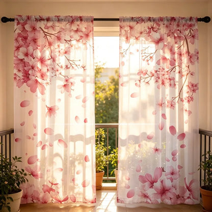 Voilage imprimé pétales de cerisier rose, lot de 2 panneaux, style japonais